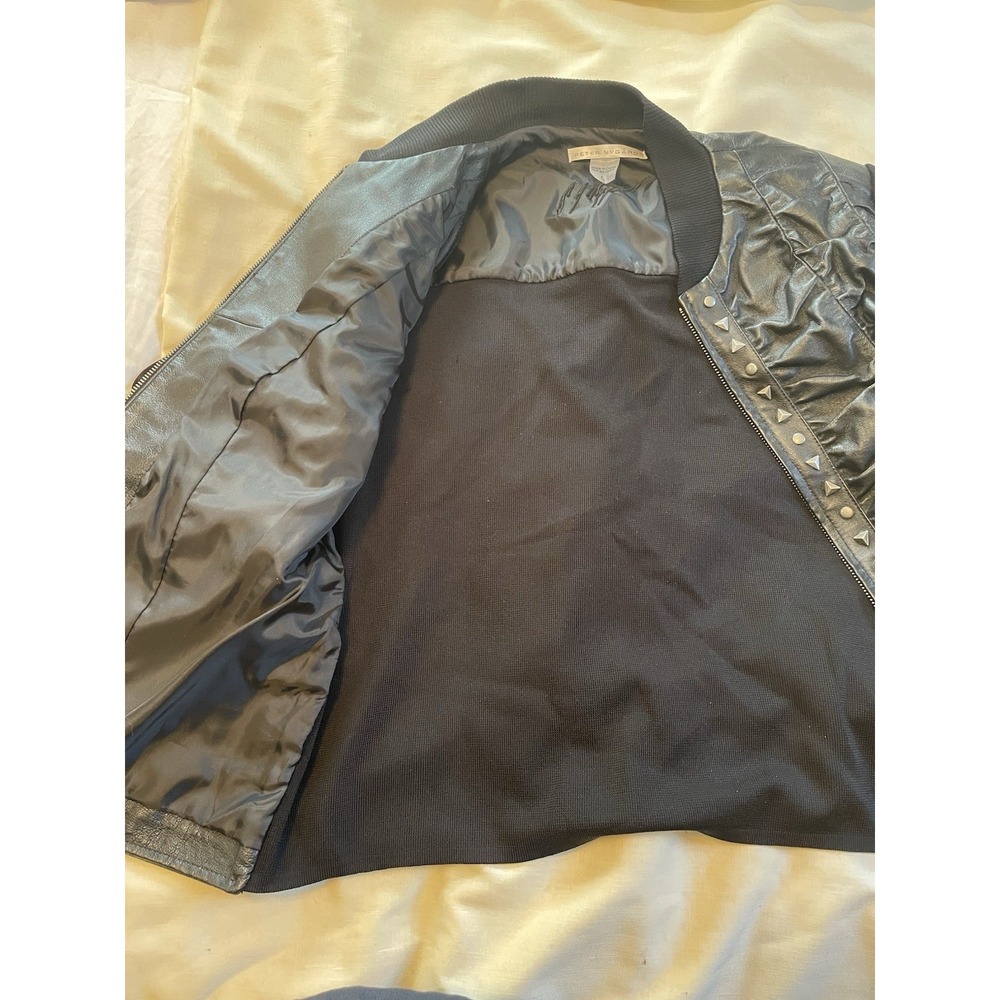 Peter Nygard Womens Black Leather Studded Ruched Knit Bomber Jacket Size L Edgy - Picture 6 of 10